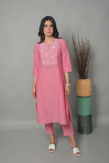 Pink A-Line Kurta with Floral Hand Embroidery Detailing