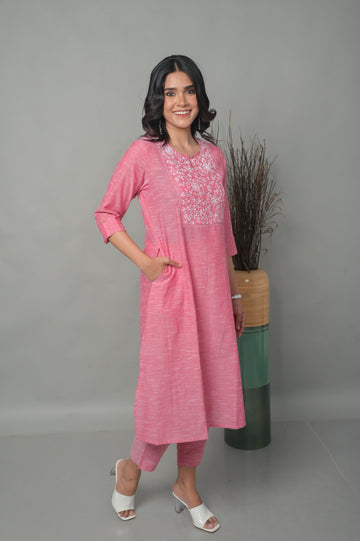 A-line Floral with Hand Embroidery Detailing – Pink co-ord (Set of 2)