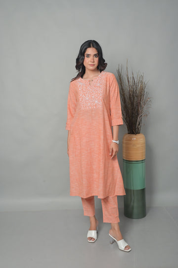 Coral A-Line Kurta with Floral Kantha Yoke