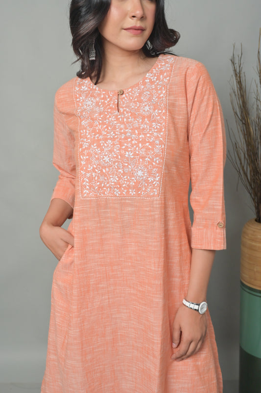 Coral A-Line Kurta with Floral Hand Embroidery Detailing