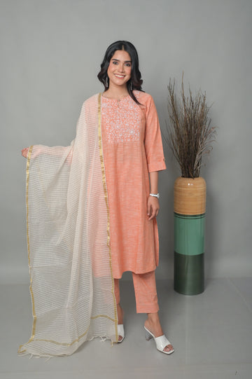 Coral A-Line Co-ord with Floral Hand Embroidery Detailing (Set of 2)