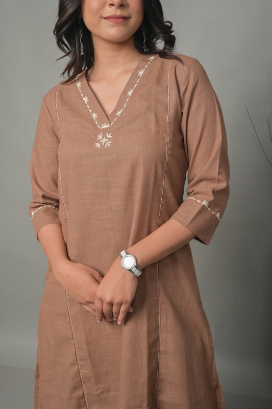 Mocha Brown A-Line Kurta with Hand Embroidery detailing Co-ord Set (set of 2)