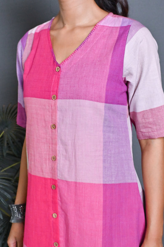 Pink-White Checks A-Line Dress with Hand Embroidery detailing