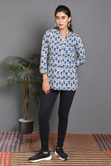 Beige-Blue Block Printed Top