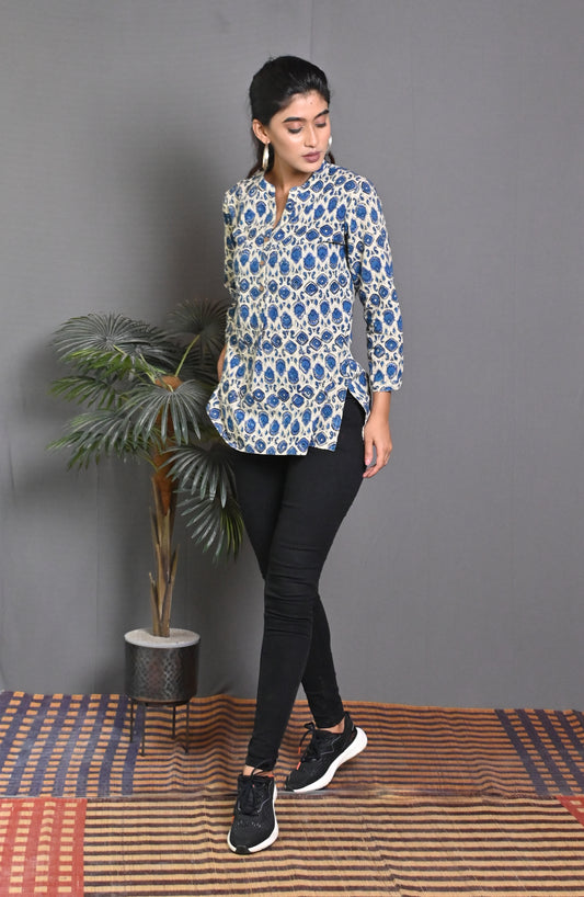 Beige-Blue Block Printed Top