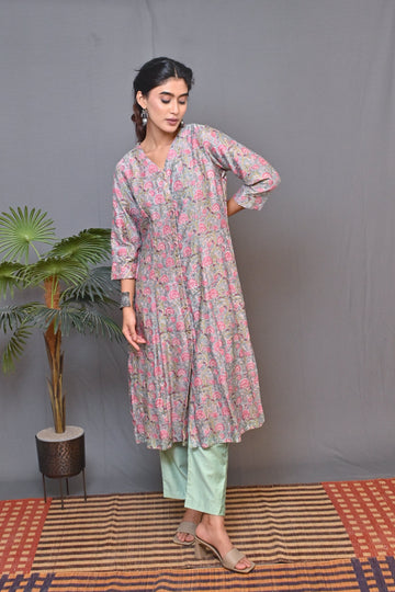 Sea Green V Neck Kalidar Front Open Chanderi Kurta With Mukesh Work