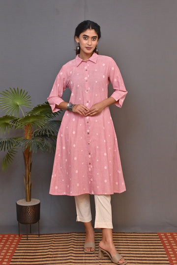 Pastel Red Stripe Cotton Front Open Shirt Collar Dress