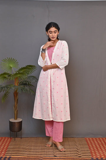 White and Pink Jacket Style Dress with Pink Checked Pants Co-ord Set (set of 2)