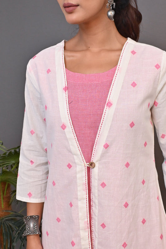 White and Pink Jacket Style Dress with Pink Checked Pants Co-ord Set (set of 2)