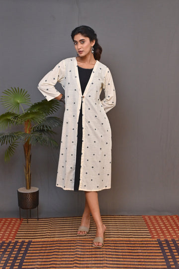 Off-White Woven Jacket Style Dress With Black All Over Buta