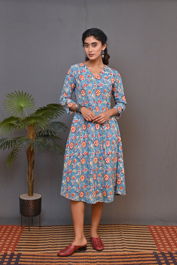 Turq Block Printed Bias Dress With Kantha Embroidery Detailing On Neck