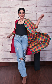 Red Checks Handwoven Front Open Kurta/Overlay with Hand Embroidery Detailing