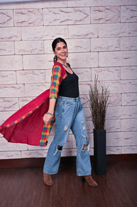 Red Checks Handwoven Front Open Kurta/Overlay with Hand Embroidery Detailing