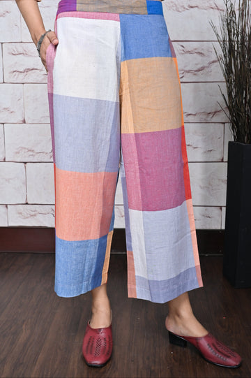 Red-White-Grey Checks Handwoven Cotton Flared Pant