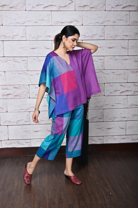 Pink-Purple Checks Half & Half Handwoven Kaftan Top