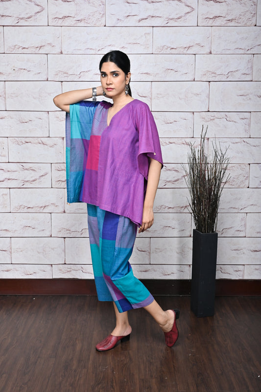 Pink-Purple Checks Handwoven Flared Cotton Pants