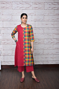 Red Checks Handwoven Front Open Kurta/Overlay with Hand Embroidery Detailing