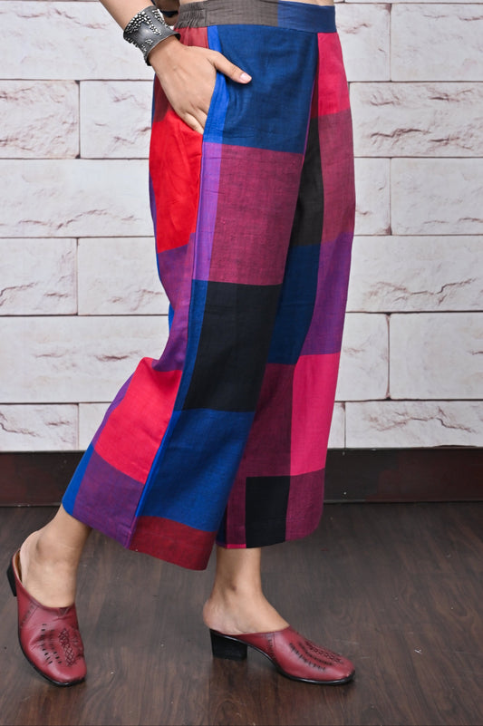 Red-Blue Checks Handwoven Cotton Flared Pants