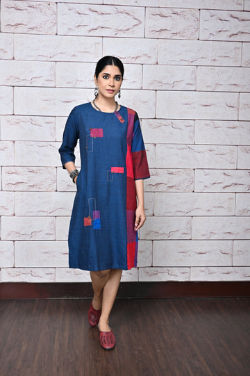 Indigo-Red Checks Handwoven Side Panel Dress with Hand Embroidery Detailing & Patch Work