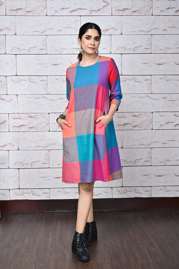 Multicolour Handwoven Antifit Dress With Kantha Hand Embroidery On Neck