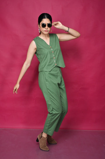 Olive Cotton Sleeveless Co-ord Set With Kantha Hand Embroidery Detailing