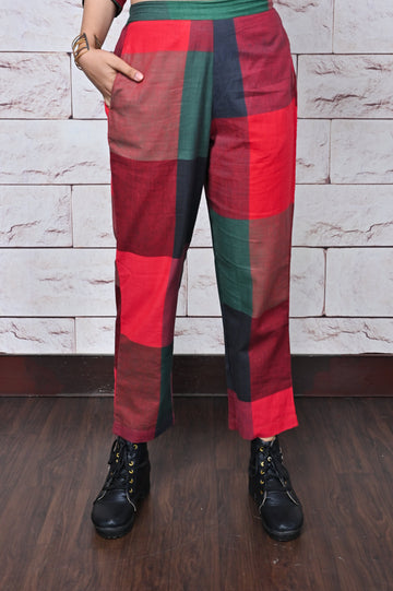 Red-Green Handwoven Cotton Flared Pant