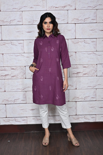 Purple Handwoven Shirt Collar Tunic With Kantha Hand Embroidery Detailing All Over