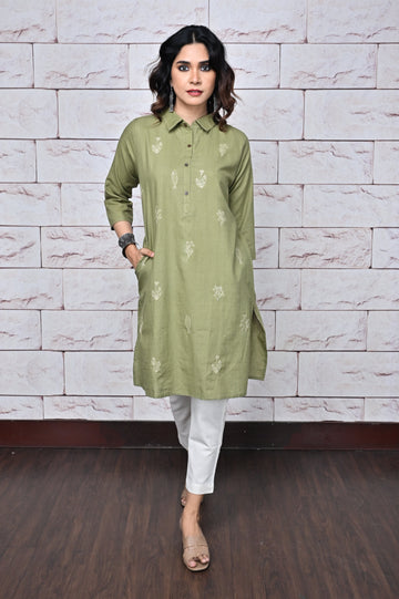 Olive Handwoven Shirt Collar Tunic With Kantha Hand Embroidery Detailing All Over