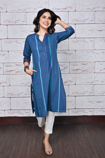 Blue Stripes Straight Cut Kurta With Kantha Hand Embroidery