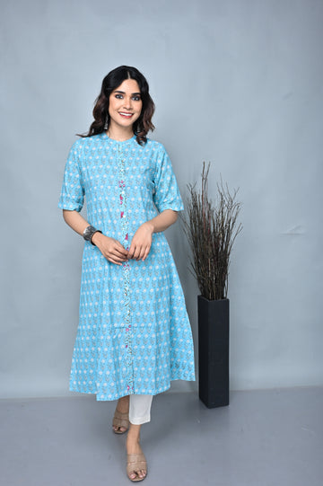 Turquoise Floral Printed Long Kurta