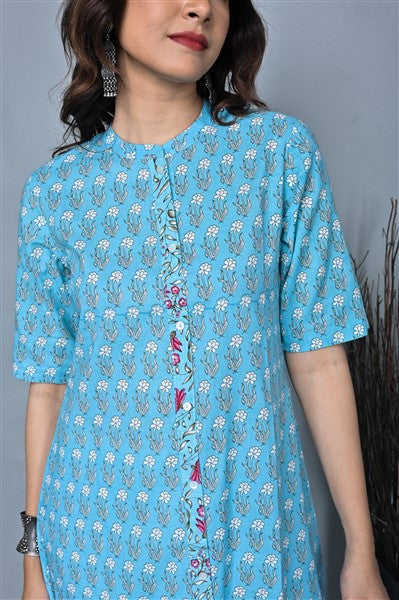 Turquoise Floral Printed Long Kurta