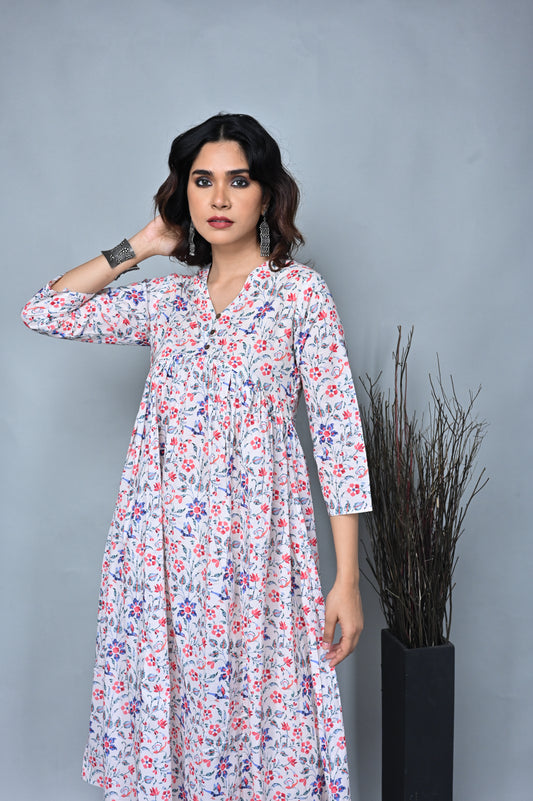 White Floral Printed Alia Cut Anarkali Kurta
