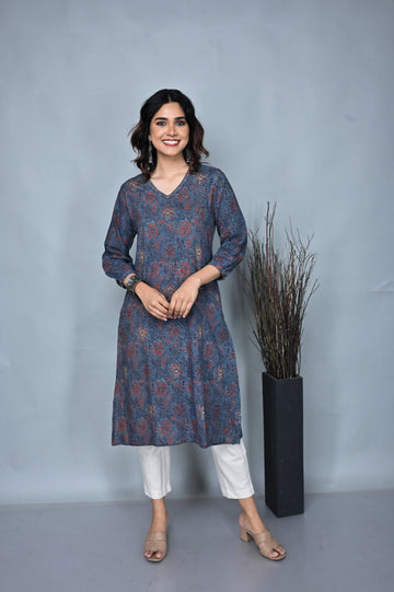 Indigo Ajrakh A-Line Dress with Hand Embroidery