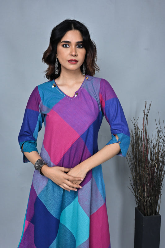 Pink-Purple Checks Handwoven Bias Dress with Hand Embroidery Detailing