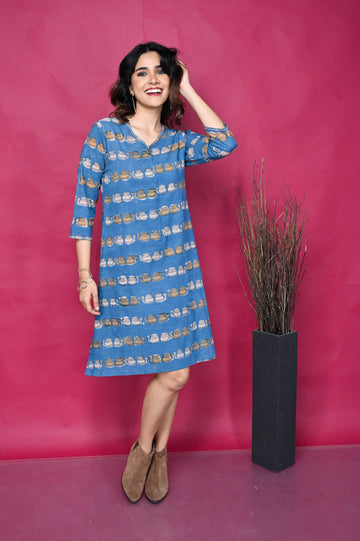 Blue Block Kettle Print A Line Zipper Dress With Kantha Hand Embroidery On Neck