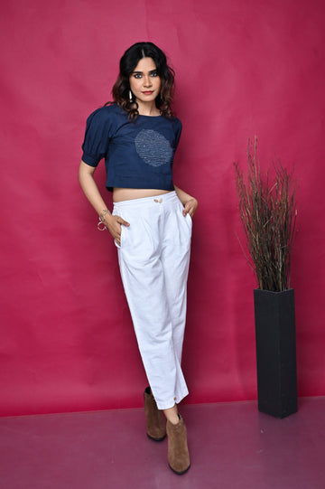 Indigo Cotton Crop Top With Circle Hand Embroidery Detailing