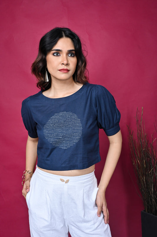 Indigo Crop Top with Hand Embroidery Detailing