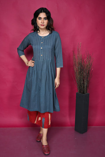Grey Pleated Kantha Kurta