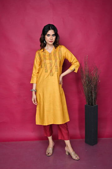 Mustard Tassar Silk Kurta With Kantha Hand Embroidery On Yoke