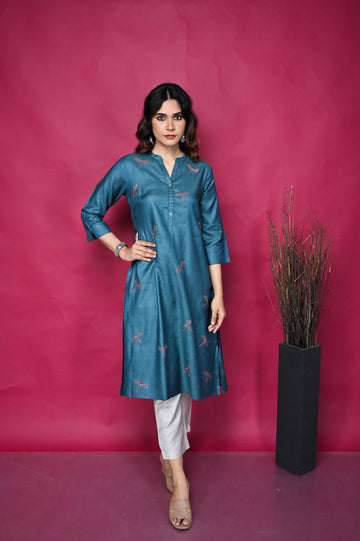 Teal Tassar Silk Kurta With Kantha Hand Embroidered