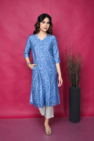 Blue V Neck Kalidar Front Open Chanderi Kurta