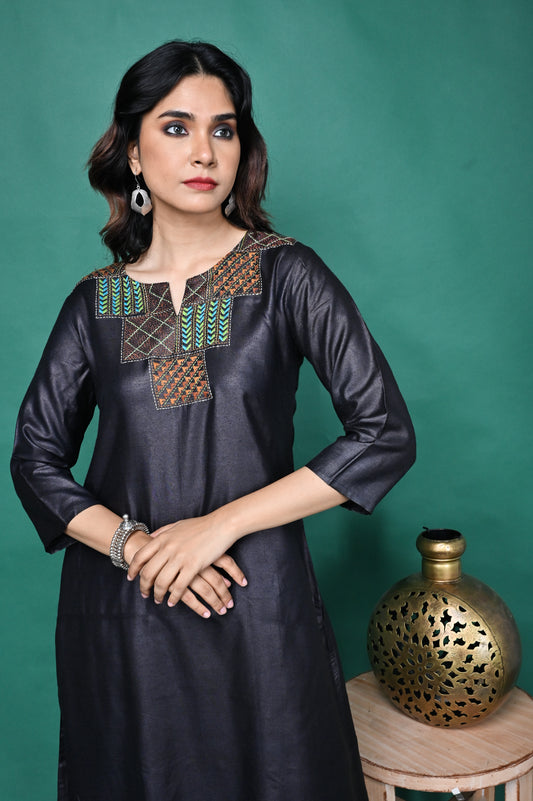 Black Tassar Silk Straight Cut Kurta with Hand Embroidery Detailing
