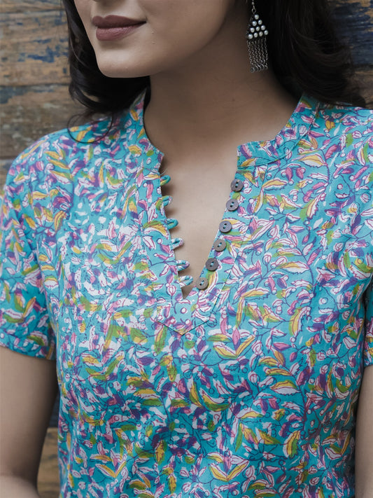 Turquoise Hand Block Printed Cotton Short Top