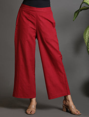Red Handwoven Cotton Flared Pant