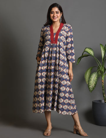 Indigo Dabu Print A Line Dress With Kantha Detailing