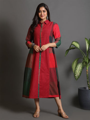 Red-Green Hand Woven Long Gather Dress With Kantha Hand Embroidery Detailing