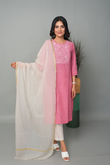 Pink A-Line Co-ord set with Floral with Hand Embroidery Detailing & Off-White Pants (Set of 2)