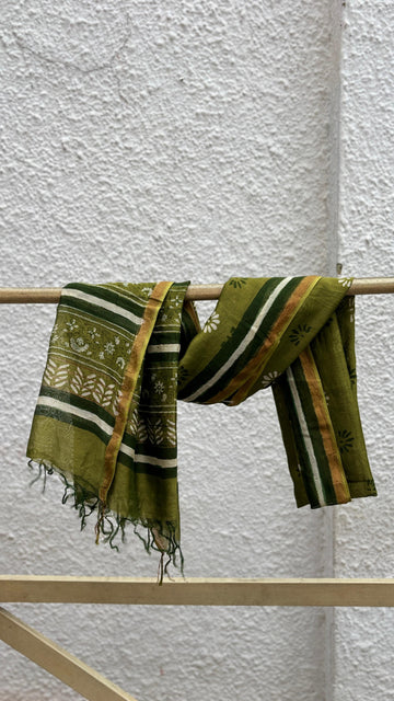Olive-Floral Hand Block Printed Chanderi Zari Dupatta