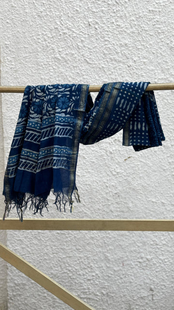 Indigo Floral Hand Block Printed Chanderi Zari Dupatta