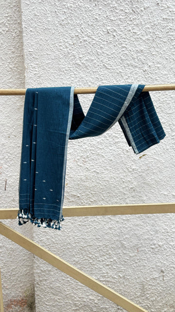 Blue Jamdani Hand Block Printed Dupatta with Striped Detailing